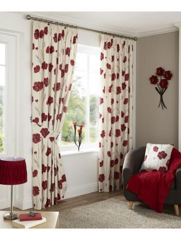 Country Poppy Pencil Pleat Curtains Red