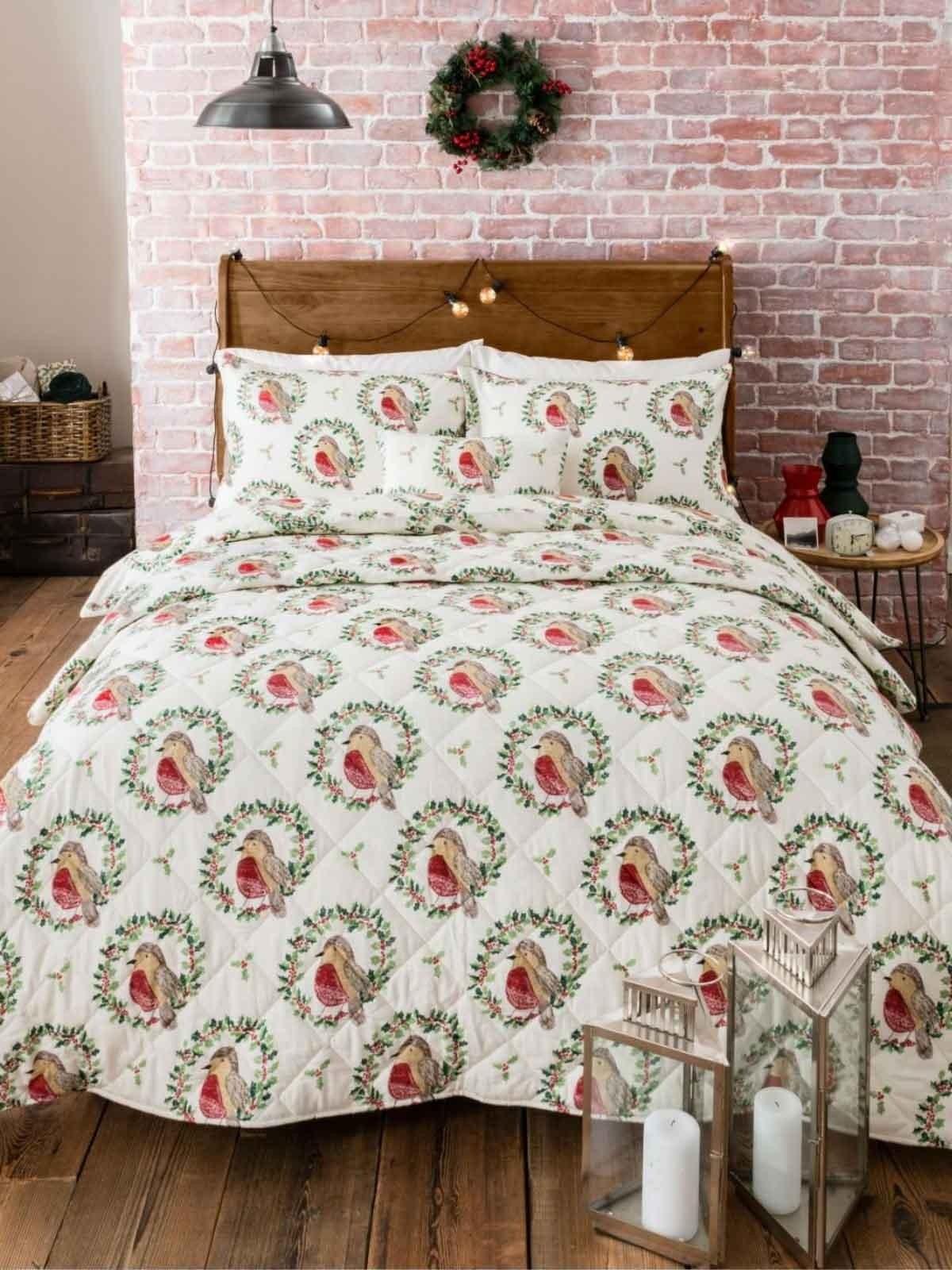 Robin Wreath Brushed Cotton Bedding Collection Red Ponden Home 